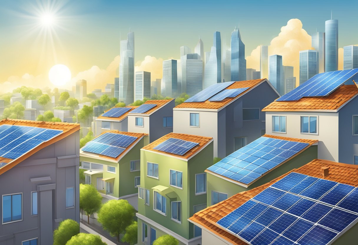 Urban skyline with solar panels on rooftops, generating clean energy. City buildings are independent and resilient, reducing reliance on traditional power sources