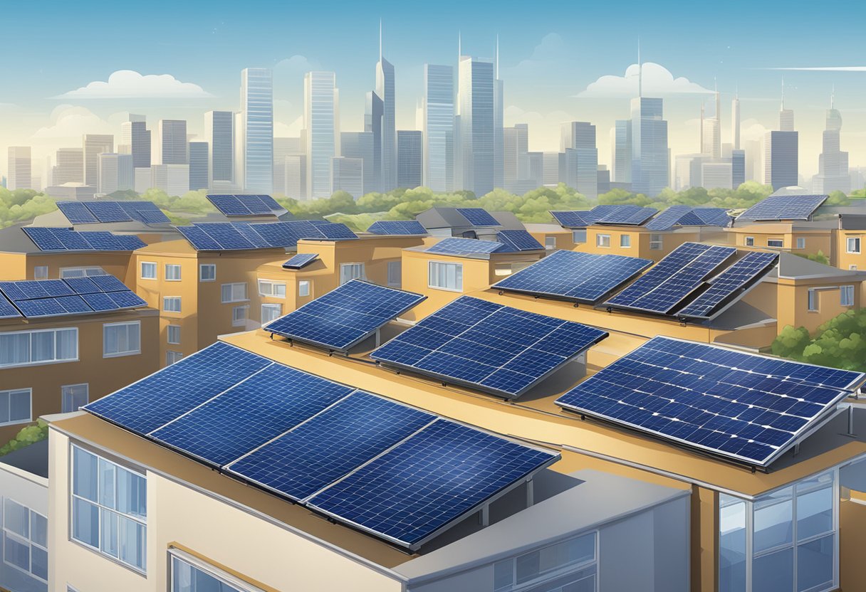 Solar panels on urban rooftops, city skyline in background. Text: "Advantages of solar energy in urban areas" displayed prominently