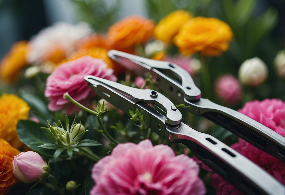 A pair of utility wire cutters snipping through a thick stem of a vibrant flower in a bouquet, surrounded by scattered floral clippings