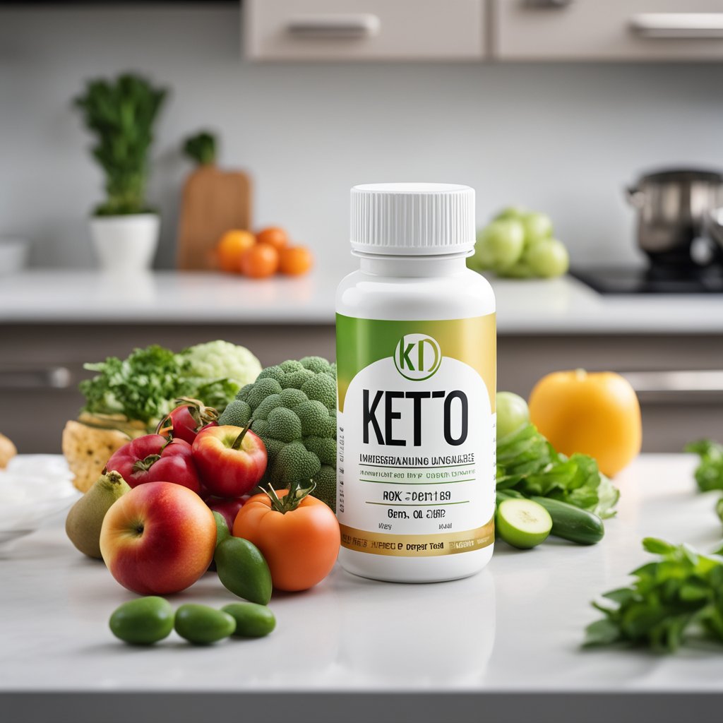 A bottle of keto pills sits on a clean, white countertop, surrounded by fresh fruits and vegetables. The label prominently displays "Understanding Keto Pills" in bold lettering