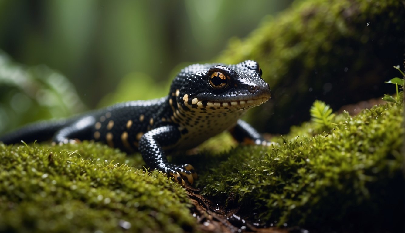 A salamander gracefully navigating through a lush, damp forest floor, its slender body blending seamlessly with the undergrowth