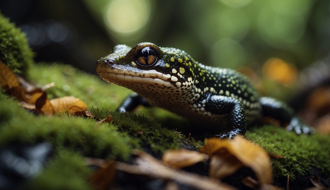 A salamander gracefully navigates through a lush, damp forest floor, its slender body blending in with the moss and fallen leaves