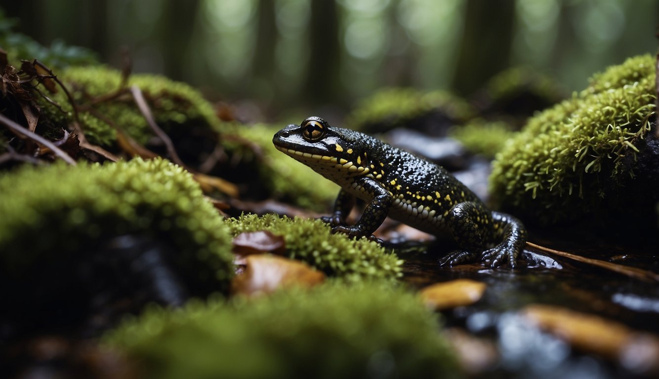 A dark, damp forest floor with fallen leaves and moss.

A small stream trickles through the underbrush, and a salamander blends into its surroundings, its slender body perfectly adapted for survival