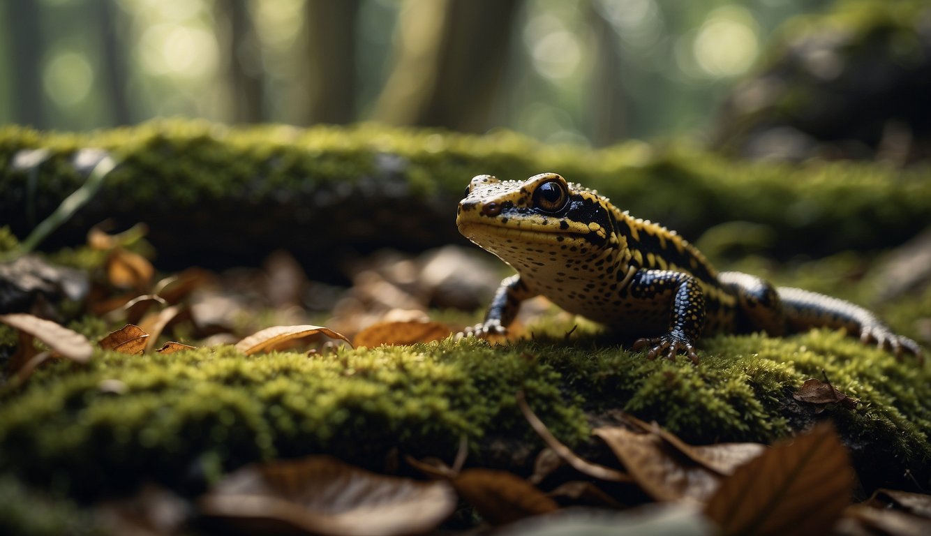 A salamander gracefully navigates through a lush, damp forest floor, its slender body moving effortlessly over fallen leaves and moss-covered rocks.

The dappled sunlight filters through the canopy, casting a warm glow on the creature as it goes about its