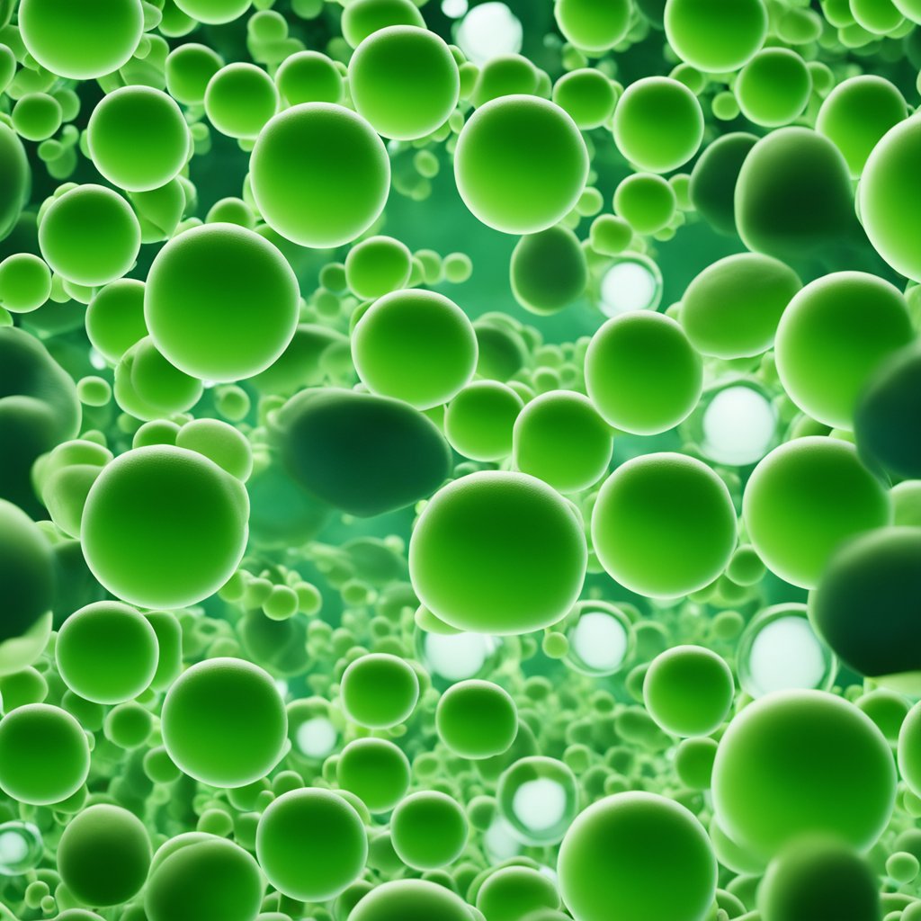 A vibrant green chlorella cell floats in a clear, nutrient-rich pool, surrounded by microscopic organisms and plant matter. Its intricate structure and vibrant color convey its powerful nutritional profile