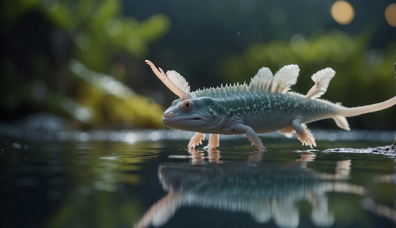 In a serene Mexican lake, the axolotl emerges from the depths, its gills fluttering and its limbs gracefully propelling it through the water.

The ancient creature exudes an air of mystery and wonder