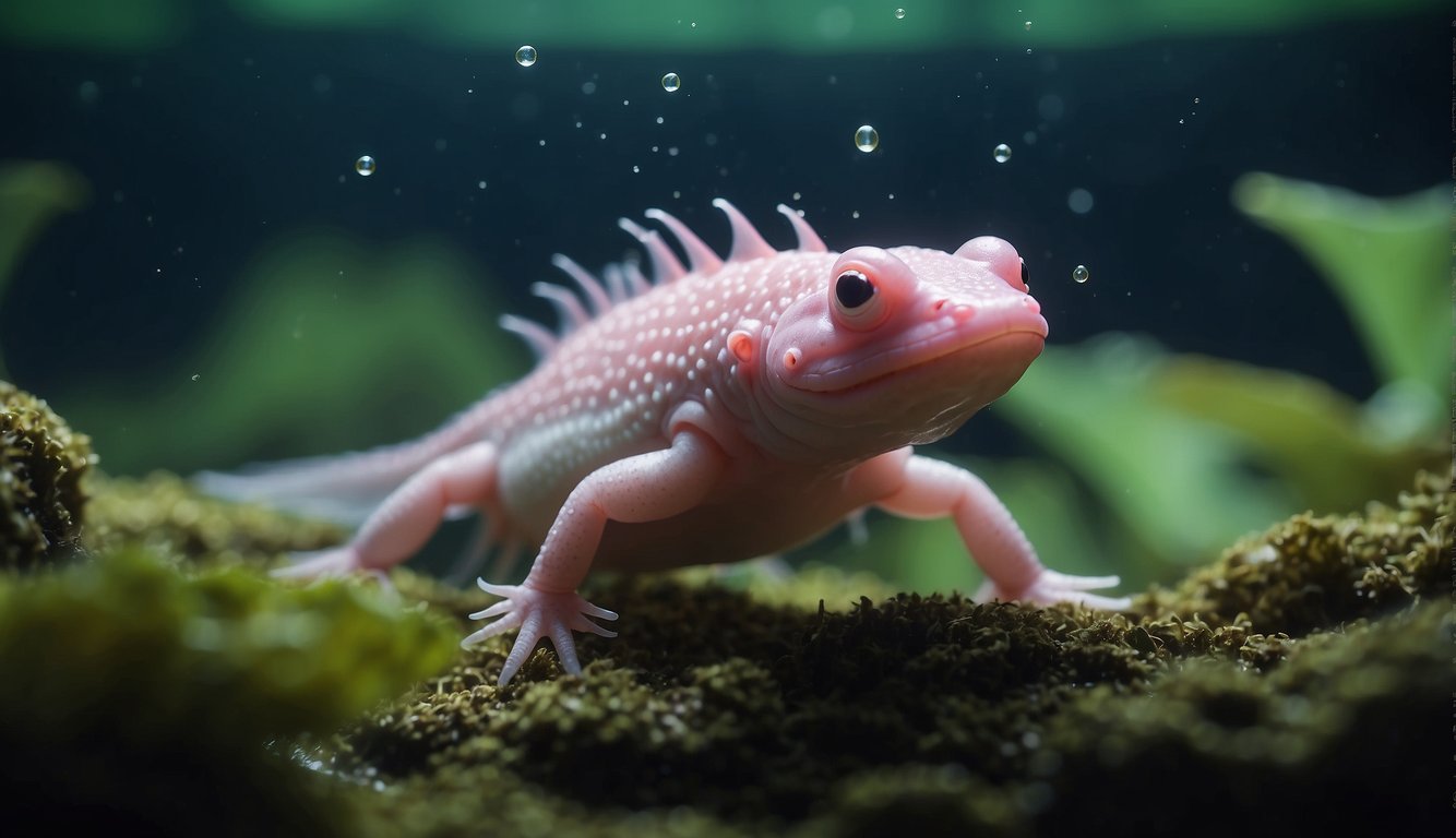 A pink axolotl swims gracefully through the crystal-clear waters of a lush, green aquatic environment, its gills gently fluttering as it searches for food