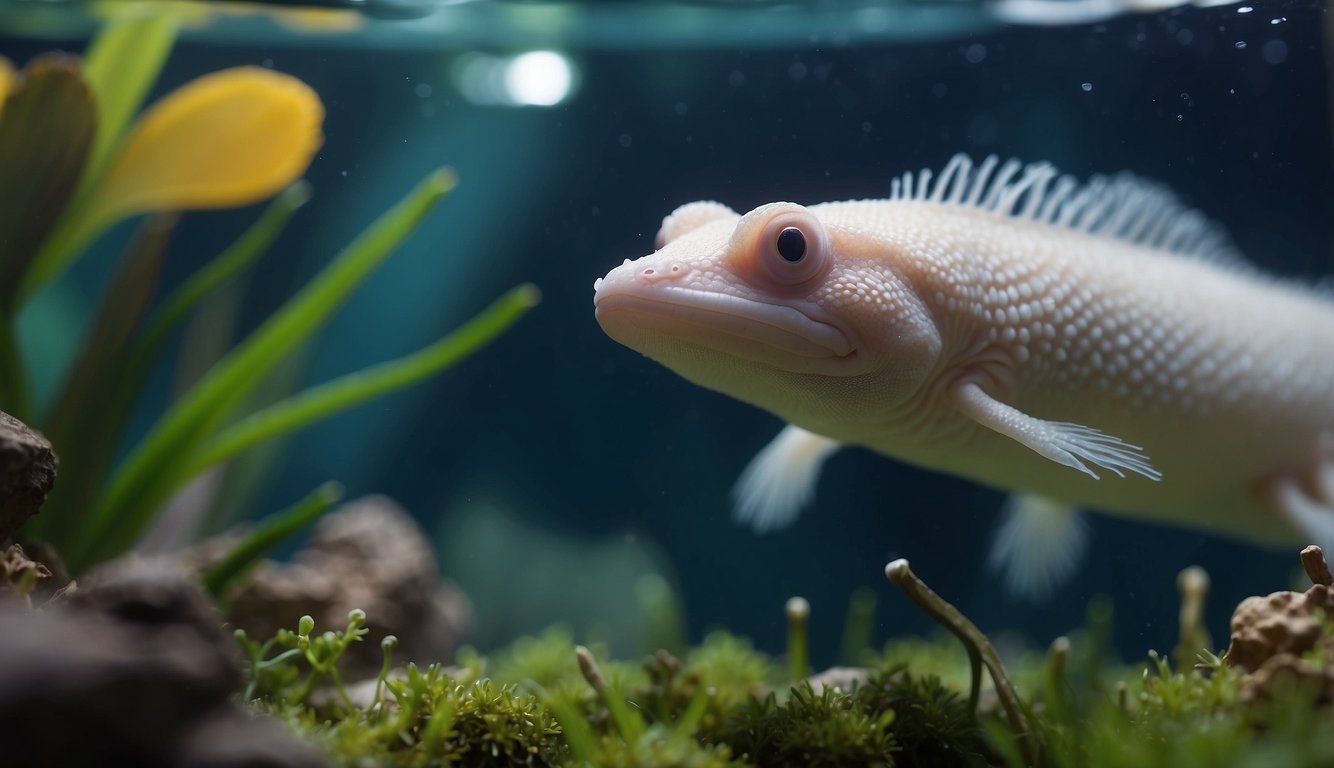 An axolotl swims gracefully among vibrant aquatic plants in a crystal-clear tank, its gills gently fluttering as it explores its underwater world