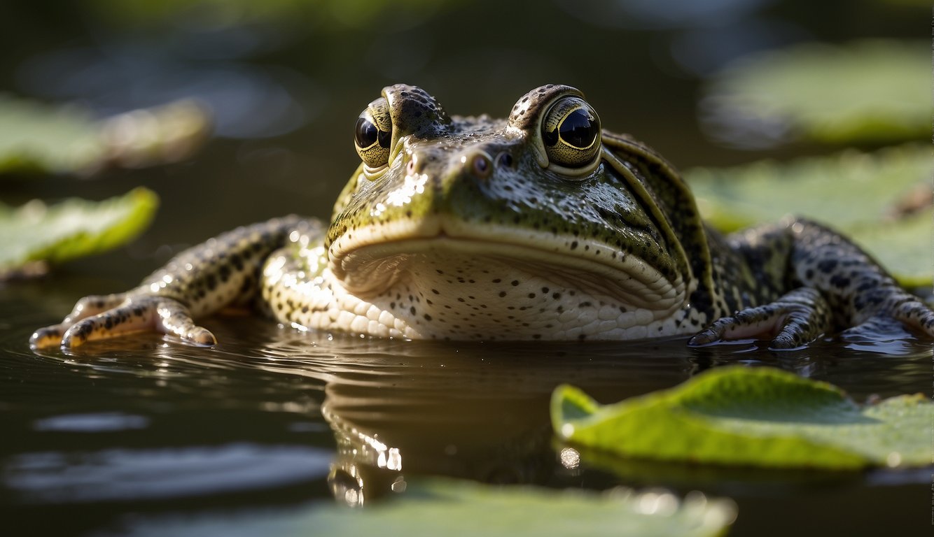 American Bullfrog leaps from lily pad to lily pad, its powerful hind legs propelling it through the water.

Its green and brown mottled skin glistens in the sunlight, as it croaks loudly, dominating the pond