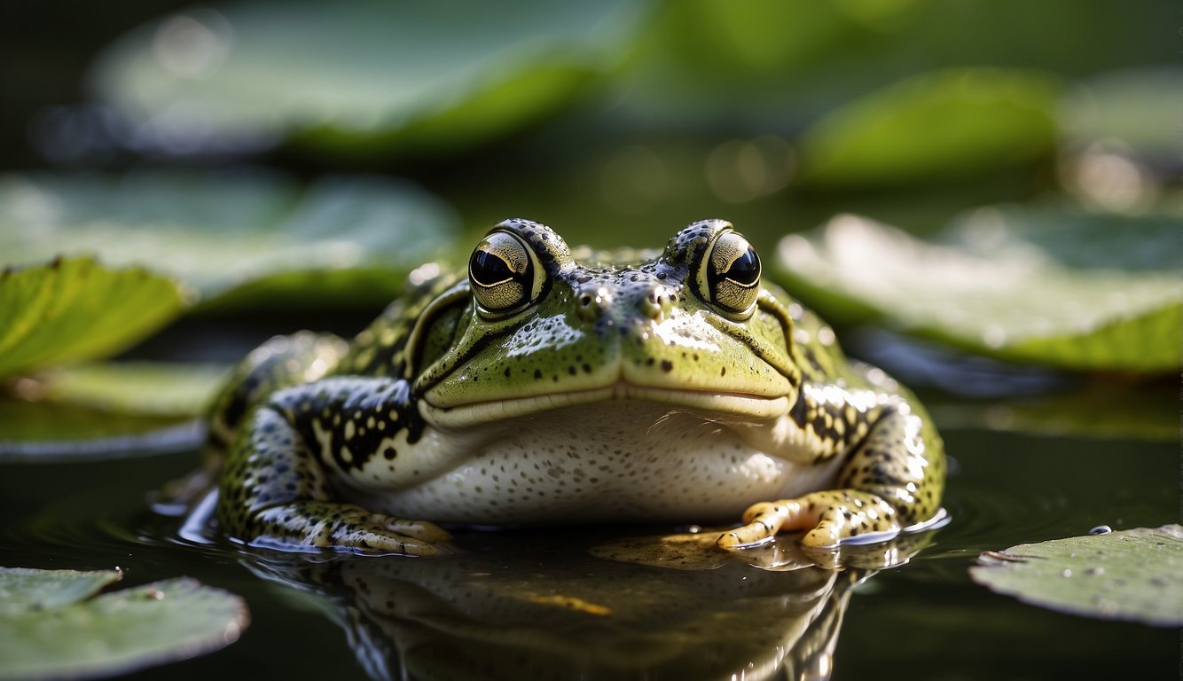 A bullfrog crouches on lily pads, its large webbed feet ready to leap.

Its smooth, green skin glistens in the sunlight, and its throat bulges as it emits a deep croak