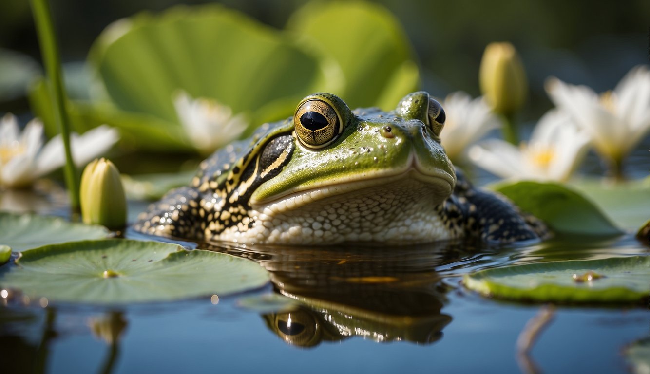 An American Bullfrog leaps from a lily pad in a lush pond, surrounded by reeds and water lilies.

The frog's large, vibrant green body contrasts with the tranquil blue water