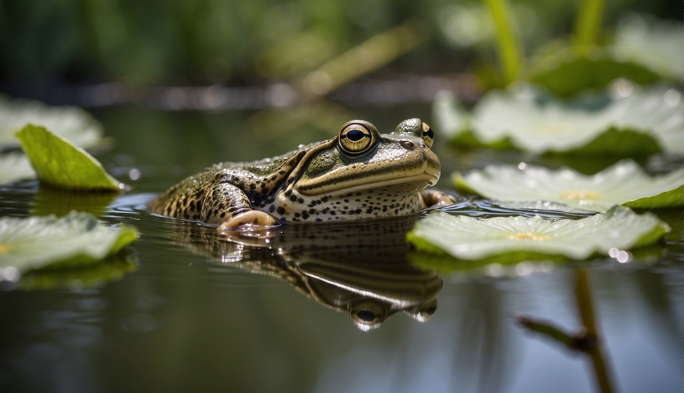 The American Bullfrog leaps from lily pad to lily pad, its powerful hind legs propelling it through the water.

Its long, sticky tongue shoots out to catch unsuspecting insects, while its large eyes scan the water for prey