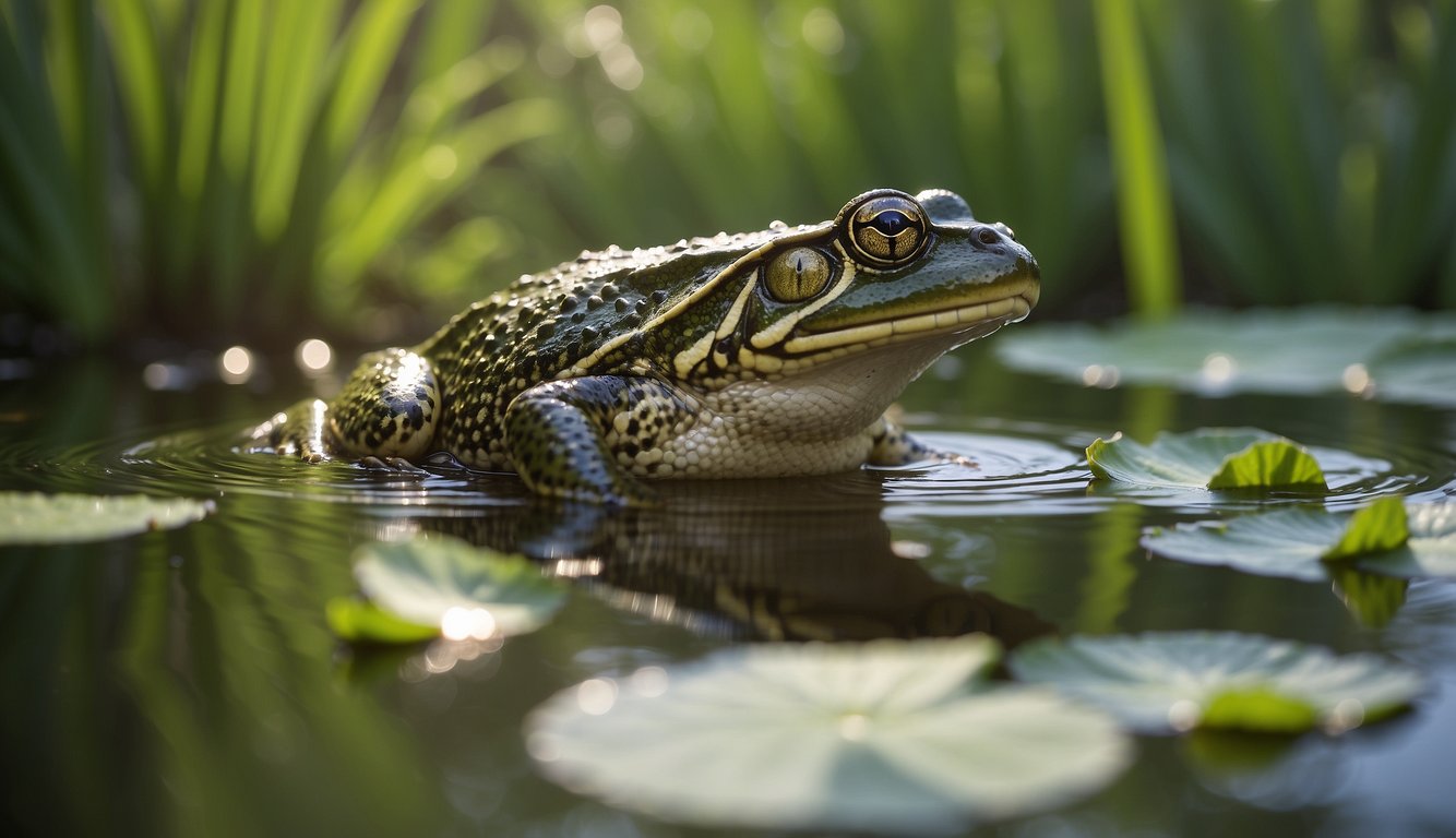 An American bullfrog leaps from a pond, its large green body suspended mid-air.

Lily pads and reeds surround the frog, creating a natural habitat