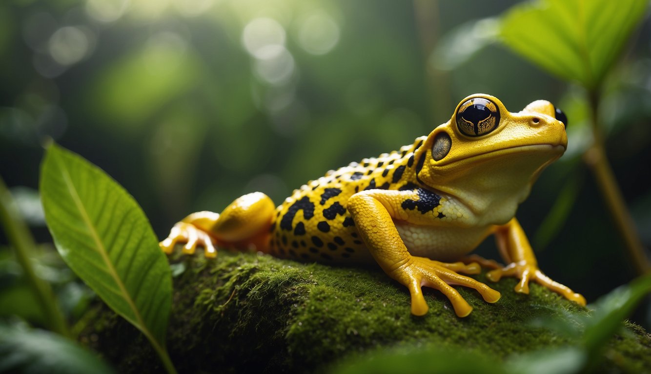 Golden frogs hop among lush green foliage, their shiny skin reflecting sunlight.

A misty rainforest backdrop adds to the mystical allure of these rare amphibians