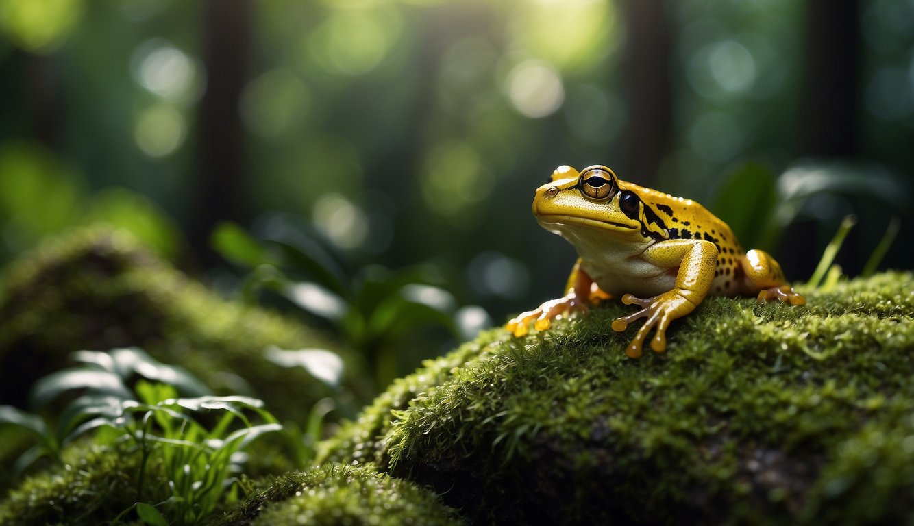 A dense tropical rainforest with vibrant green foliage, a glistening golden frog perched on a moss-covered rock, its skin reflecting the dappled sunlight filtering through the canopy