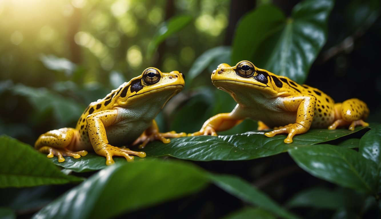 Golden frogs leap among lush green foliage, their vibrant skin glistening in the dappled sunlight of the Panamanian rainforest