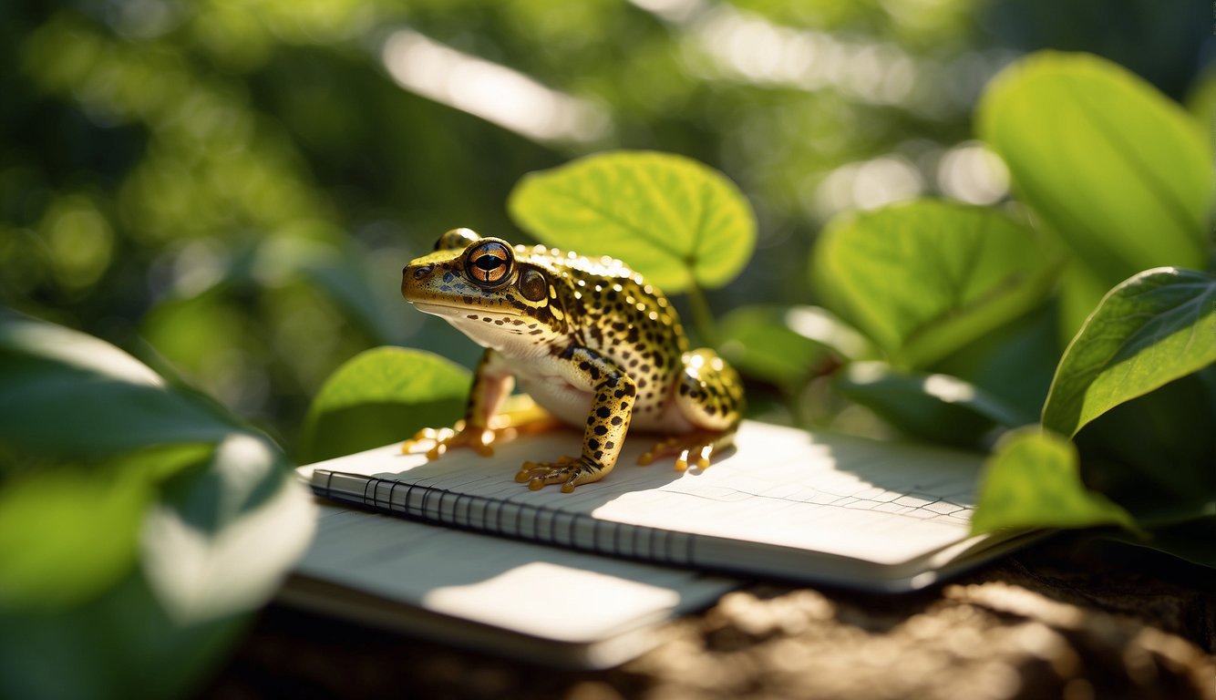 Golden frogs hop among vibrant green leaves, their shiny skin reflecting sunlight.

A scientist carefully observes, notebook in hand, as they move gracefully through their natural habitat
