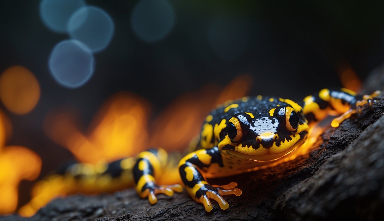 A fire salamander glows in the dark, its fiery patterns creating a mesmerizing display of nature's artistry