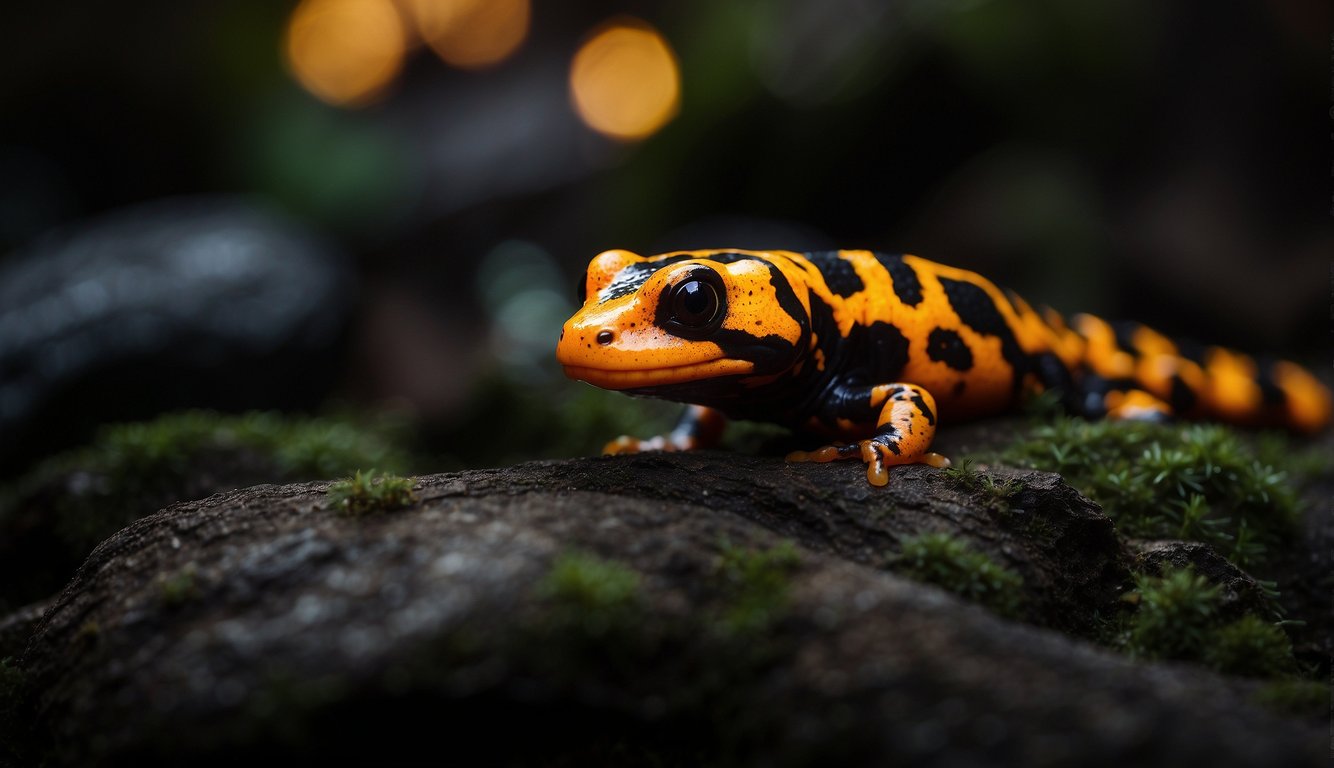 A fire salamander emerges from the shadows, its vibrant orange and black patterns glowing in the darkness, creating a mesmerizing display of nature's fiery beauty