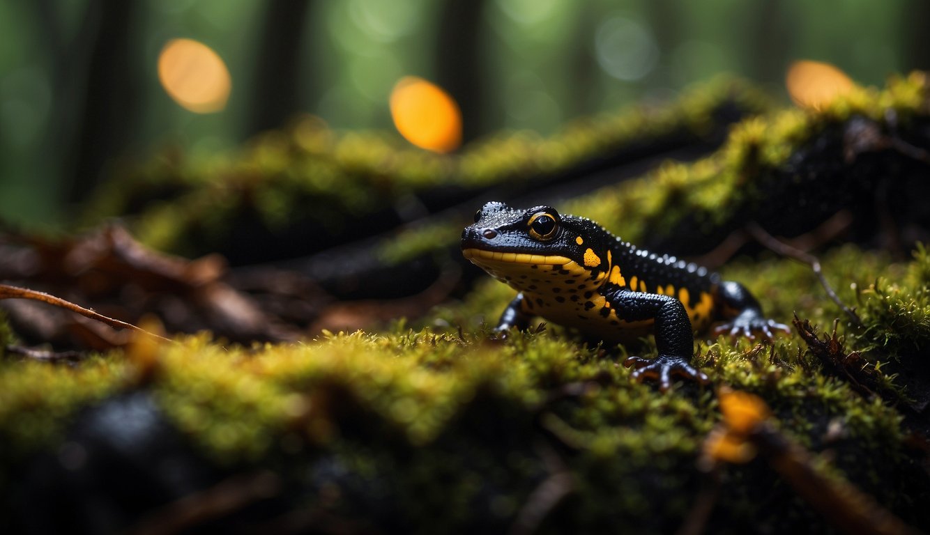 A dark forest floor with damp leaves and fallen logs.

A vibrant fire salamander crawls among the moss, its bright orange and black patterns glowing in the dim light