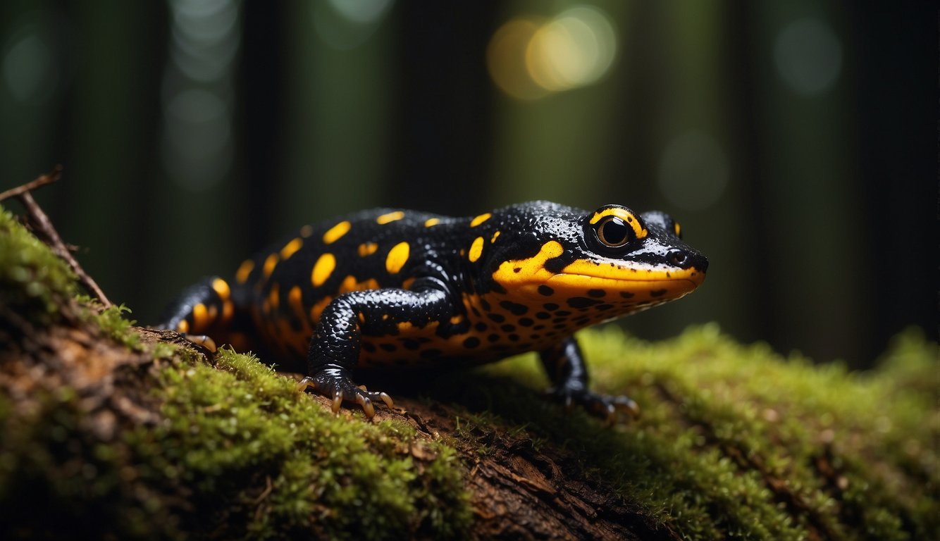 A fire salamander crawls through a dark forest, its fiery patterns glowing brightly against the dim backdrop