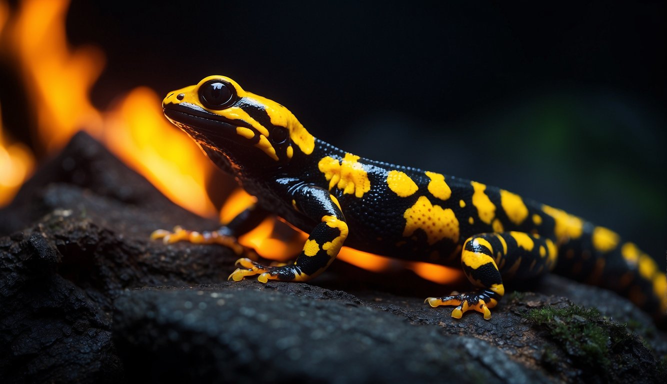 A fire salamander glows with vibrant fiery patterns against a dark backdrop, creating a mesmerizing display of nature's luminescent artistry