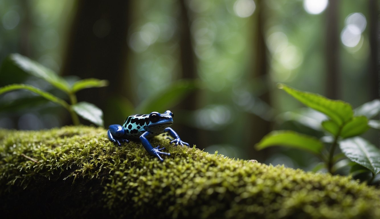 A vibrant poison dart frog perched on a moss-covered branch in the lush rainforest, its bright colors warning potential predators of its toxic nature