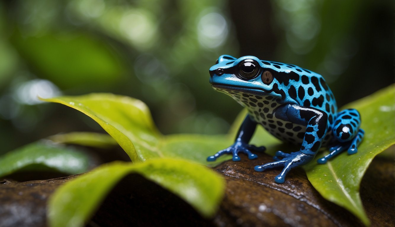A vibrant poison dart frog perched on a leaf, its bright colors warning predators of its toxic nature.

The lush rainforest surrounds it, creating a vibrant and dynamic setting for the scene