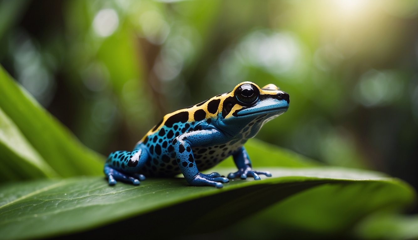 A vibrant poison dart frog perched on a leaf in a lush rainforest, surrounded by diverse plant life and vibrant colors