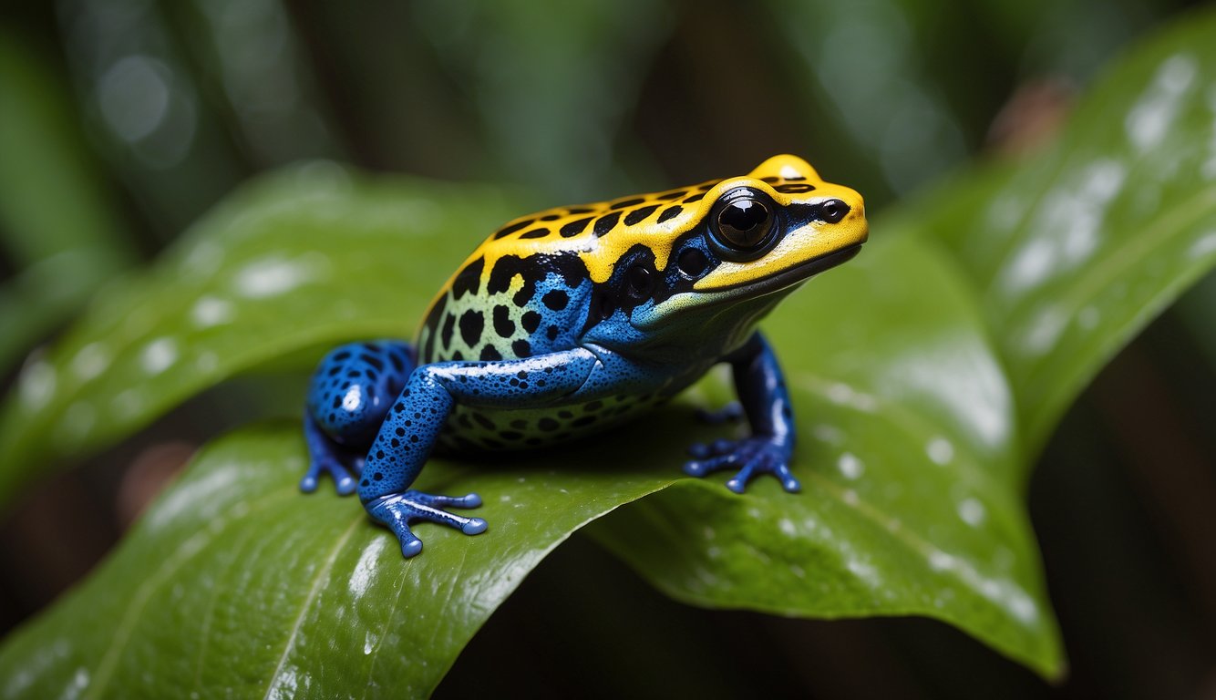 A vibrant poison dart frog perches on a lush green leaf, its bright colors warning of its toxic nature.

The rainforest teems with life around it