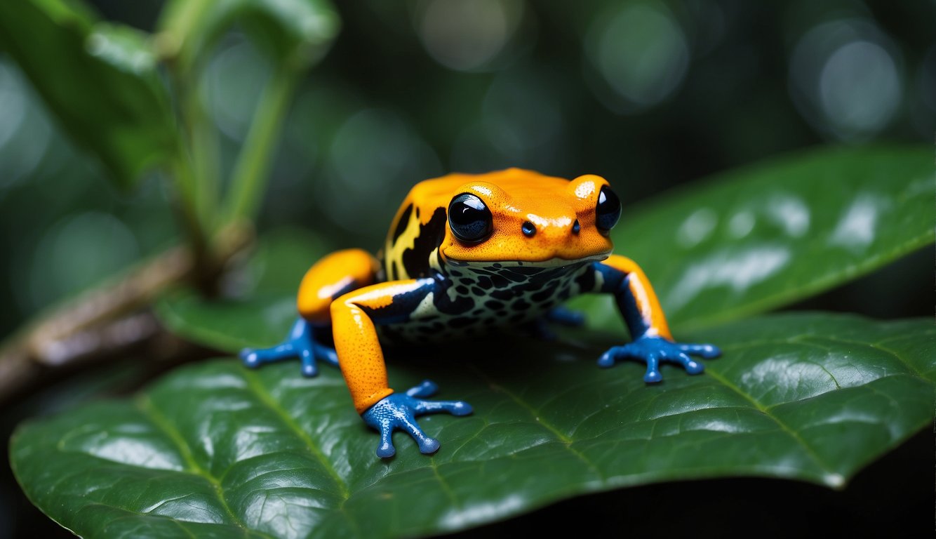 A vibrant poison dart frog perched on a lush green leaf in the rainforest, its bright colors standing out against the rich foliage