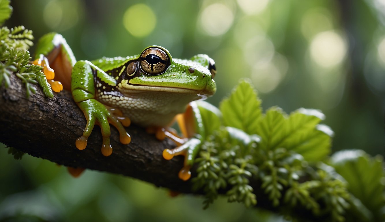 A Pacific tree frog hops from leaf to leaf, navigating through the lush treetops of the rainforest.

The vibrant green foliage and small, delicate branches create a magical and enchanting atmosphere