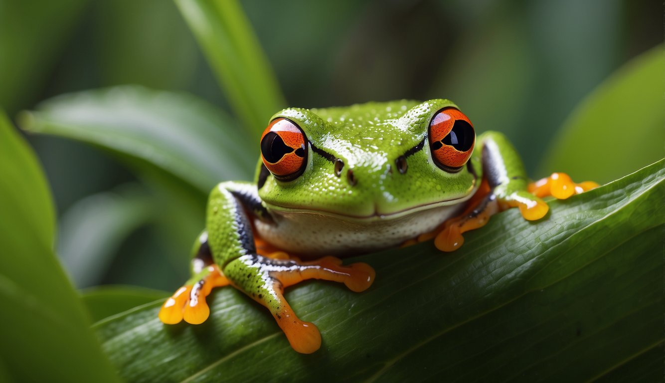 In a lush forest, a Pacific tree frog perches on a vibrant green leaf, surrounded by a diverse array of plant life.

The frog's bright red eyes and translucent skin stand out against the verdant backdrop, highlighting its delicate beauty and vulnerability in