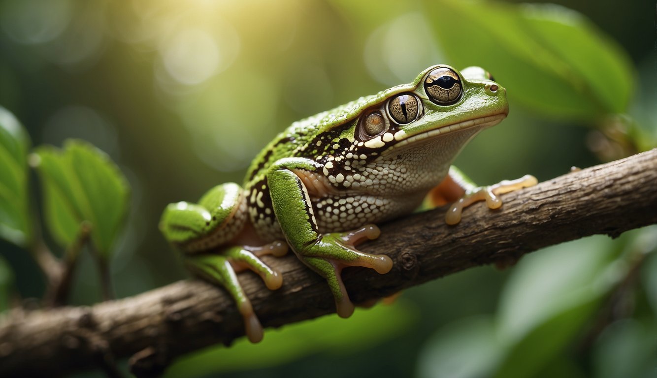 A Pacific tree frog hops from branch to branch, exploring the lush treetops.

The vibrant green leaves and twisting vines create a magical, enchanting atmosphere