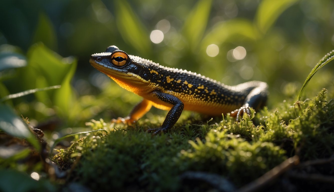 A colorful Eastern Newt transforms among lush wetland foliage, surrounded by mystical energy