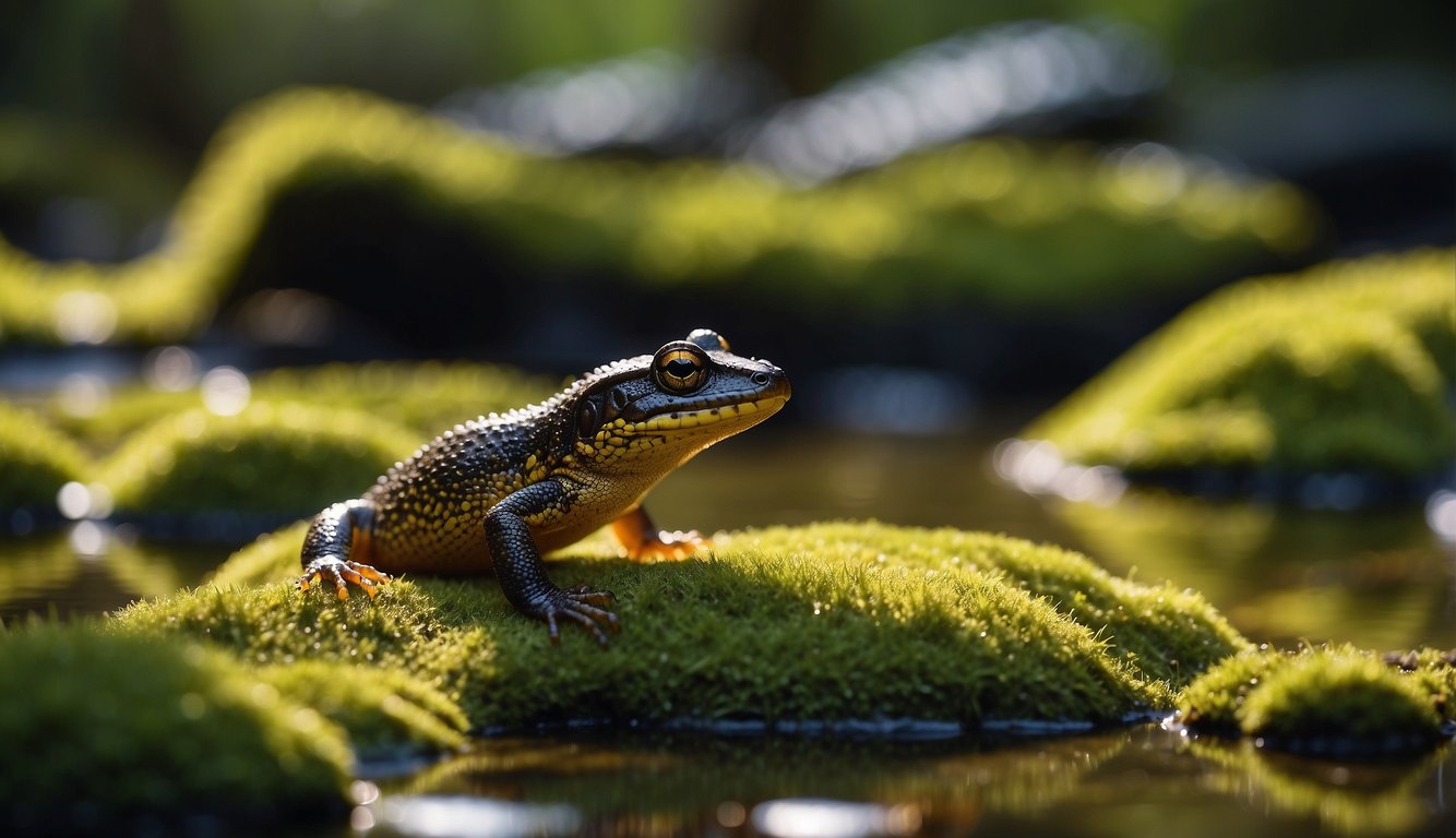 A lush, mossy wetland teeming with vibrant Eastern newts, their iridescent skin shimmering in the dappled sunlight.

A magical atmosphere surrounds them as they navigate the tranquil waters and lush vegetation