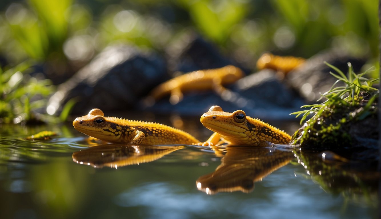 The Eastern newts gather in the wetland, their vibrant colors shimmering in the sunlight.

They move gracefully through the water, casting spells and weaving magic into the ecosystem