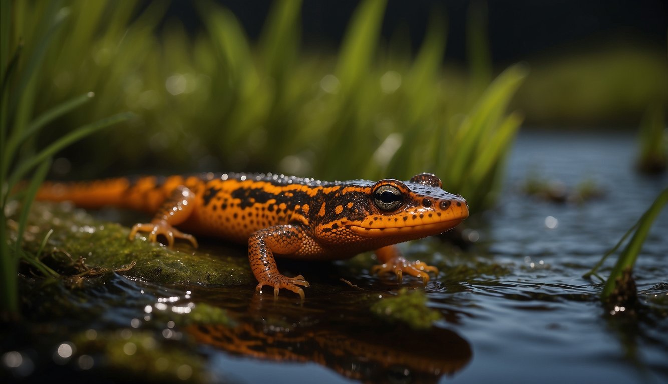 An eastern newt emerges from a murky wetland, its vibrant orange skin contrasting against the dark water.

The creature's sleek body moves gracefully as it shifts through the water, embodying the magic of the wetlands