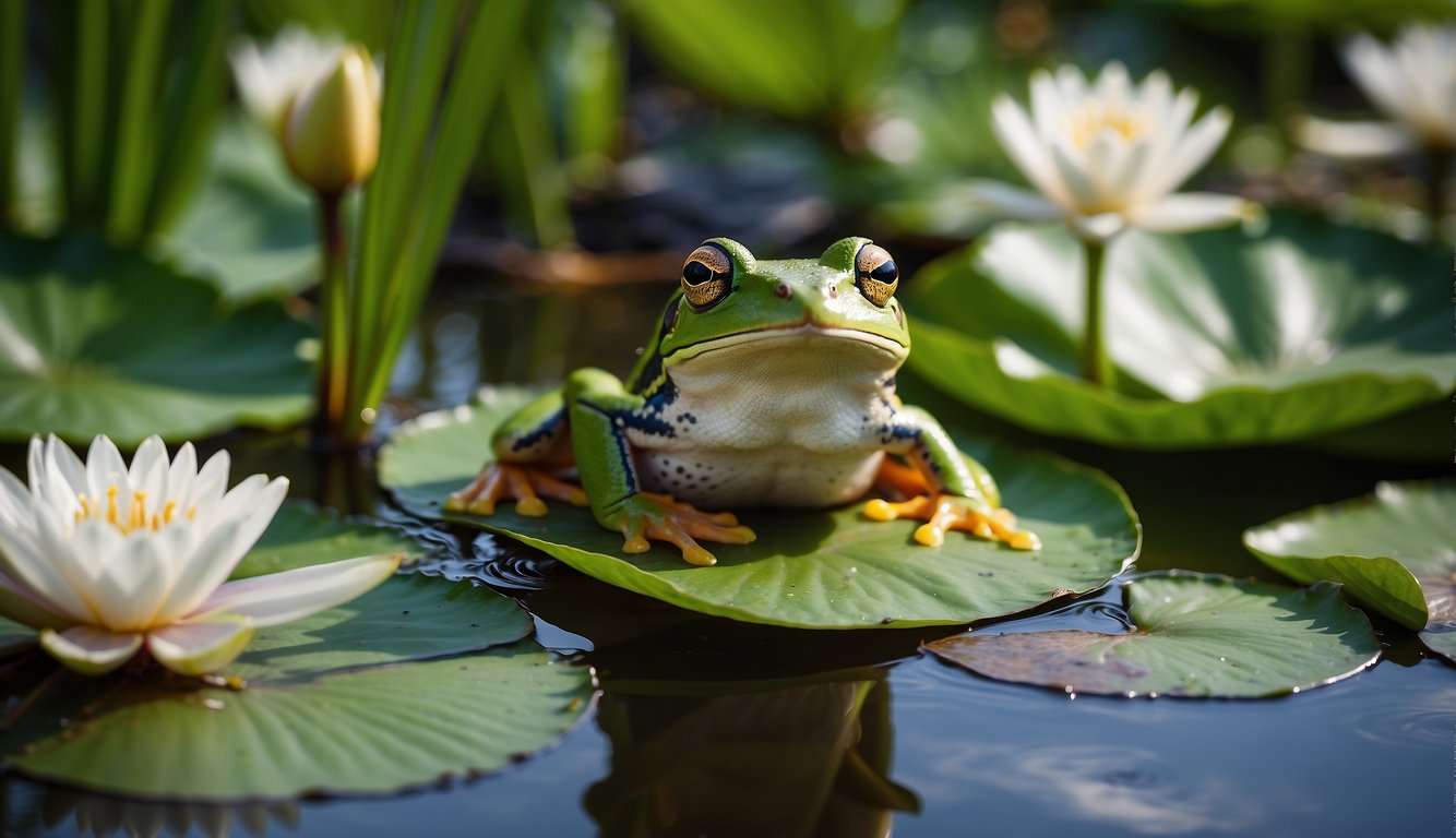 A green tree frog perches on a lily pad, surrounded by cattails and water lilies.

The swamp is alive with the sounds of nature, as the frog begins to sing its melodic song