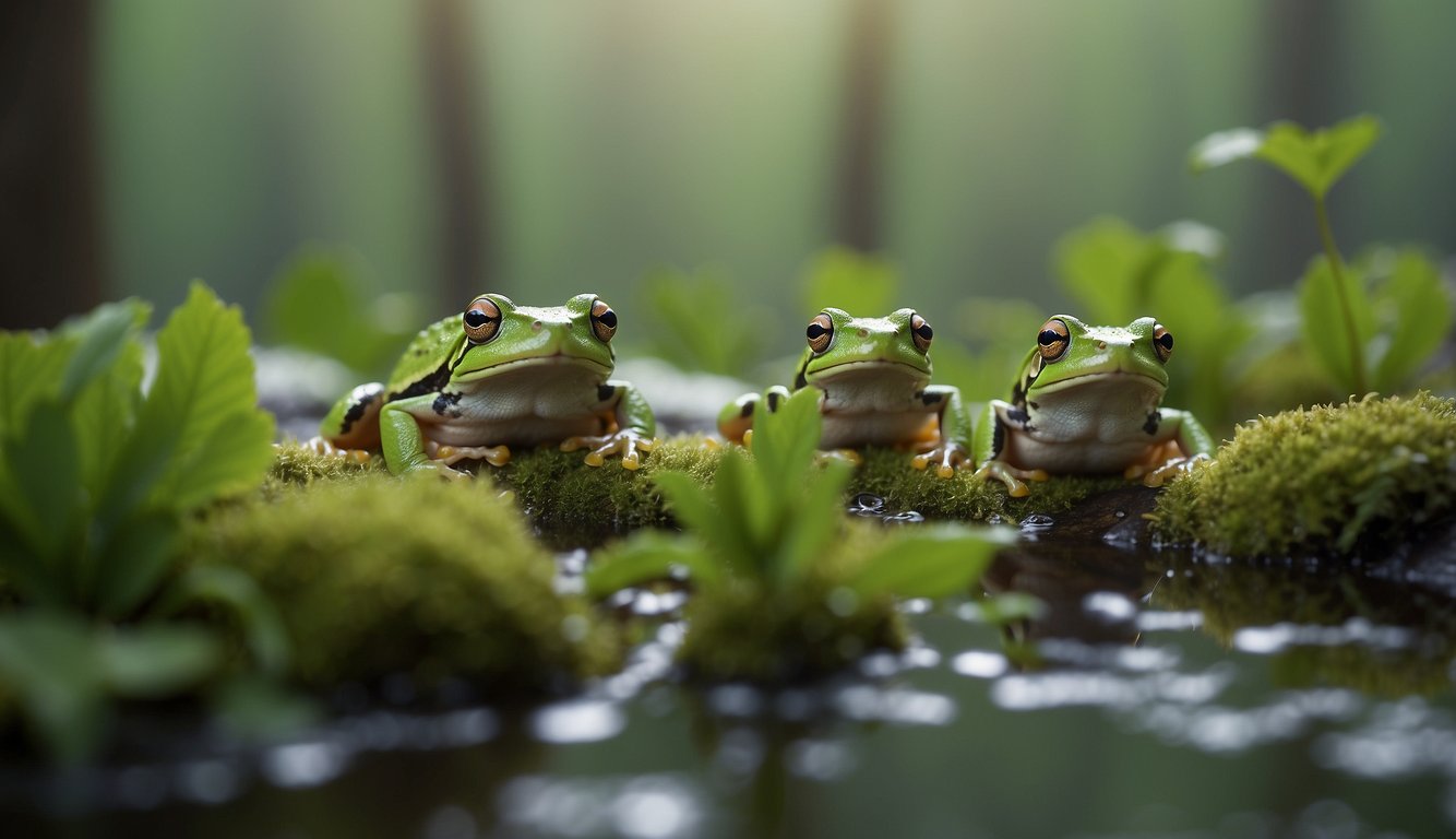 A chorus of green tree frogs fills the swamp with their melodic songs, echoing through the misty air and blending with the sounds of nature