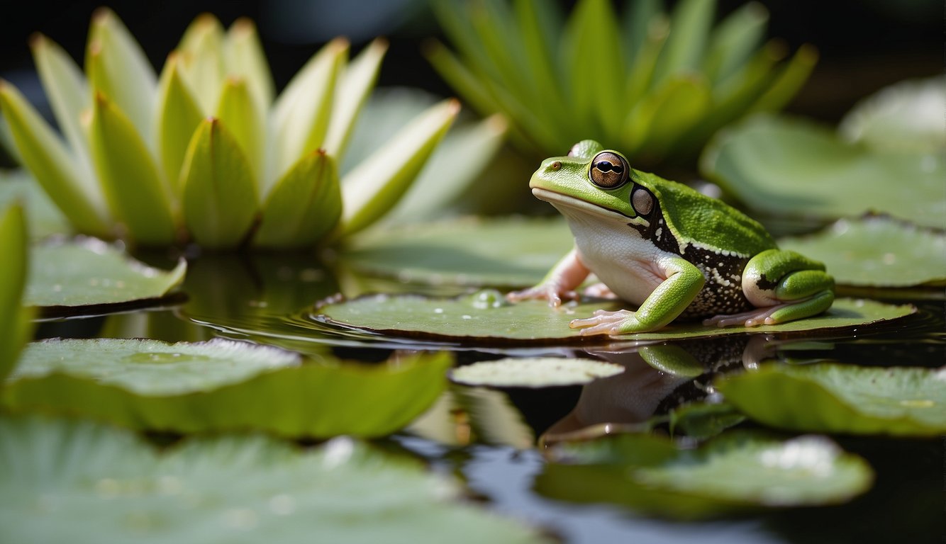 A male green tree frog perched on a lily pad, crooning a melodic mating call to attract a female.

The swamp is alive with the chorus of other frogs adding to the symphony of love