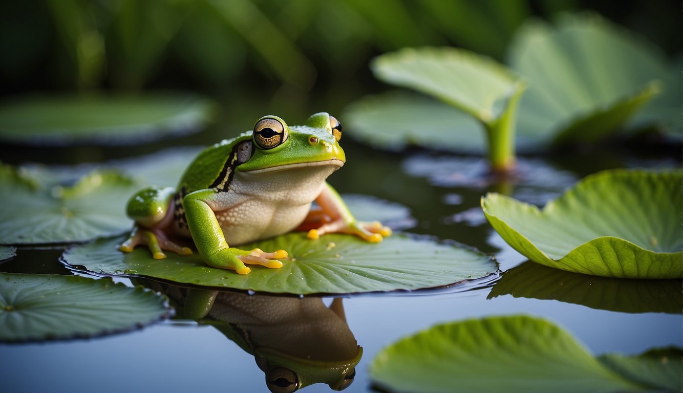 The green tree frog perches on a lily pad, surrounded by the lush greenery of the swamp.

Its vibrant colors stand out against the backdrop of the wetland, as it emits its distinctive call into the air