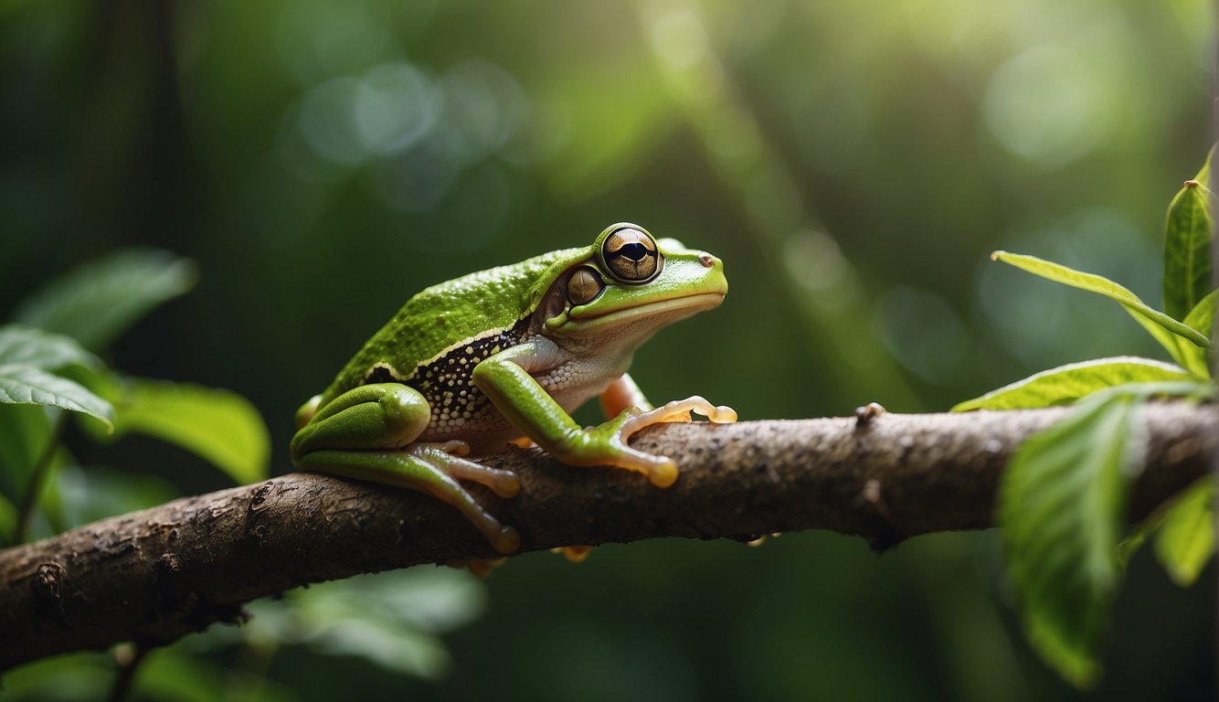 A green tree frog perched on a branch, surrounded by lush swamp foliage.

Its throat bulges as it emits a melodic call, blending with the sounds of the wetland