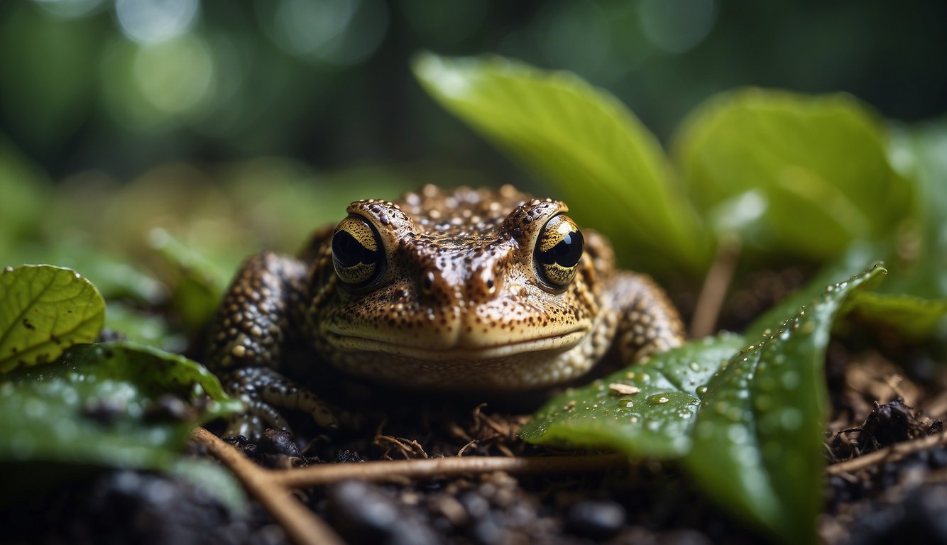 A common toad rests under a leaf in a damp, mossy corner of the backyard, surrounded by fallen twigs and small insects