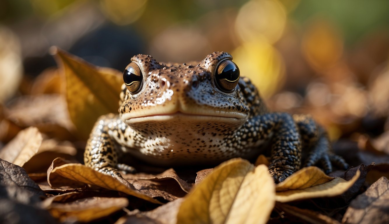 A common toad camouflaged among fallen leaves, using its sticky tongue to catch insects for survival