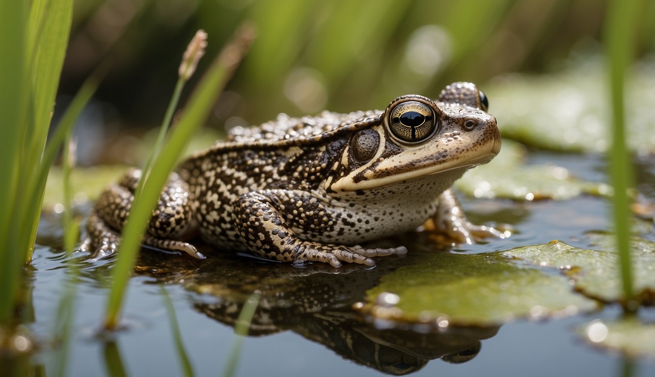 A common toad lays eggs in a shallow pond, surrounded by tall grass and blooming flowers.

Tadpoles swim among the reeds, undergoing metamorphosis into young toads