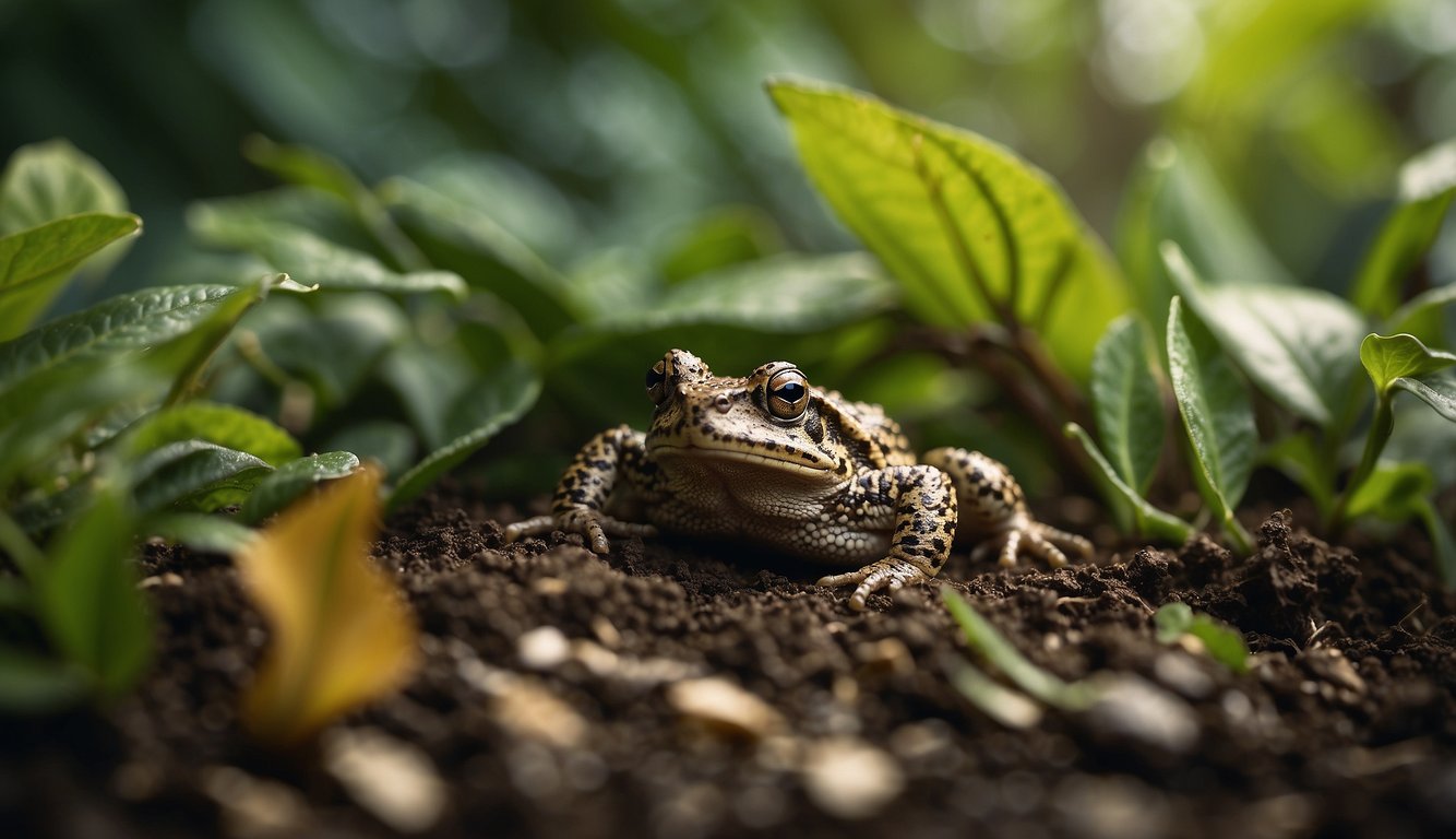 A common toad hides under a leaf in a lush backyard, surrounded by diverse plant life and small insects.

The toad's environment is peaceful and harmonious, showcasing the concept of conservation and coexistence