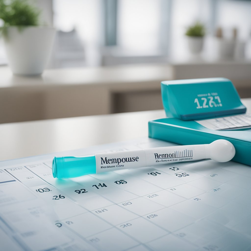 A pregnancy test sitting next to a calendar showing the date of menopause
