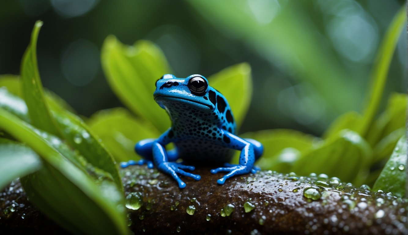 A vibrant blue poison dart frog perches on a leaf in the lush rainforest, surrounded by a symphony of green foliage and glistening raindrops