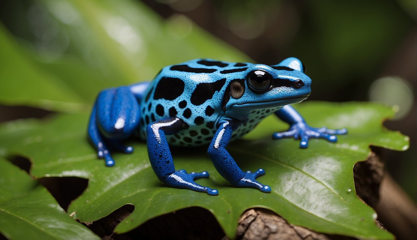 A vibrant blue poison dart frog perched on a leaf in the lush rainforest, surrounded by a variety of colorful flora and fauna